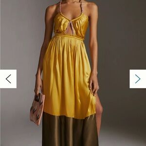 Yellow Maxi Dress with Olive Hem - Sleeveless Halter Style